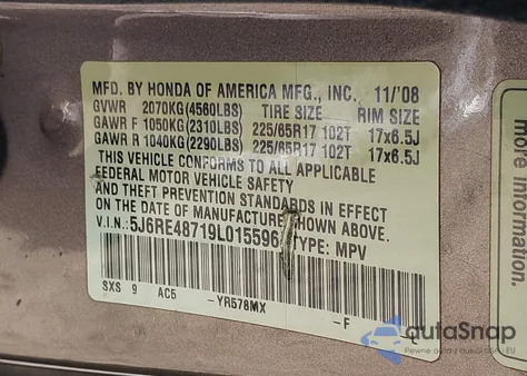 2009 Honda Cr-V Exl from USA, damaged, VIN 5J6RE48719L015596